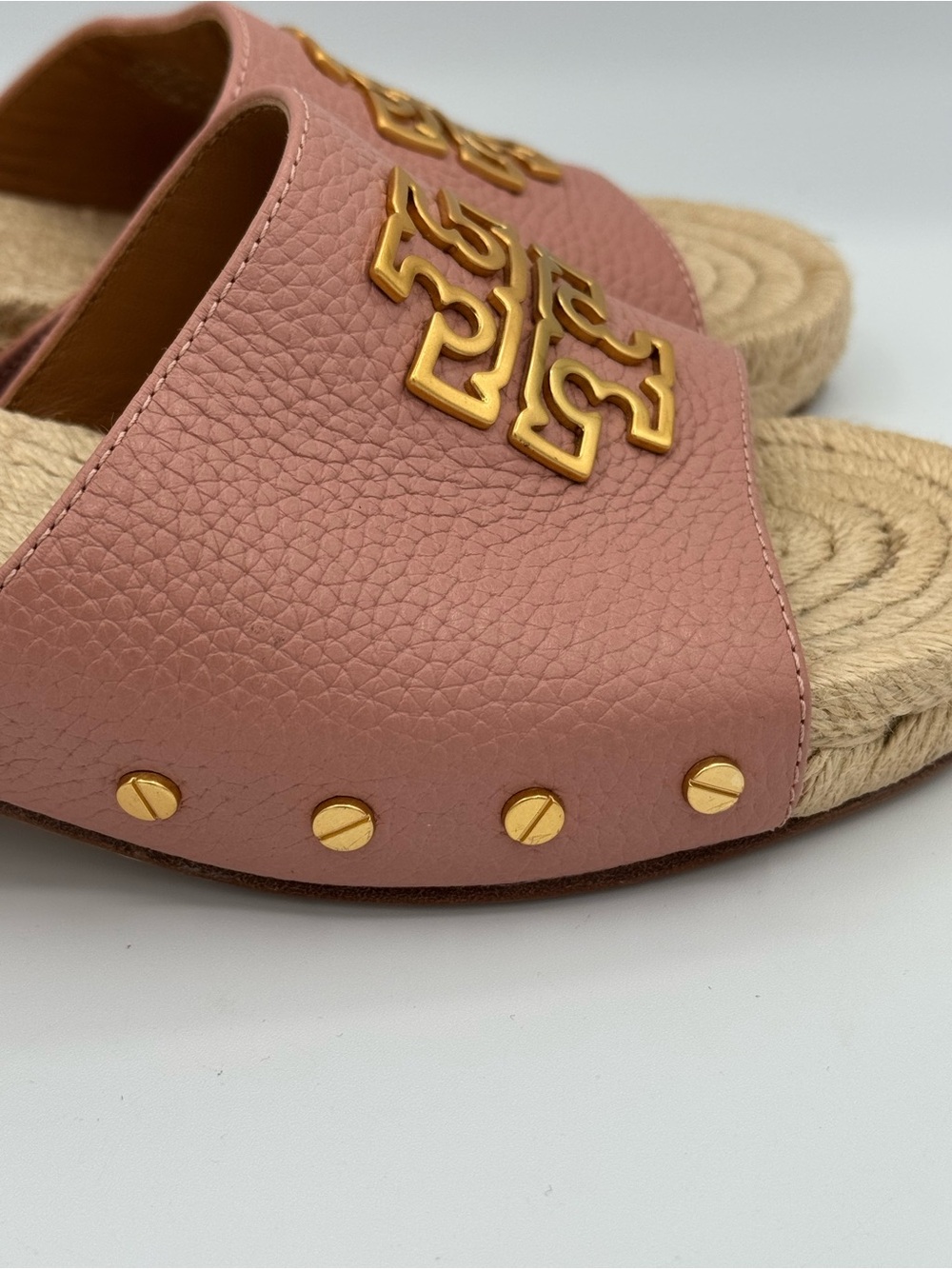 Tory Burch Britten Espadrille Leather Slide Sandals Mules Pink Moon Gold Logo - Picture 8 of 13